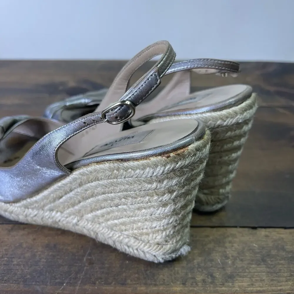 Valentino Metallic Silver Pewter Leather Bow Wedge Espadrille Sandals EU 39 8.5